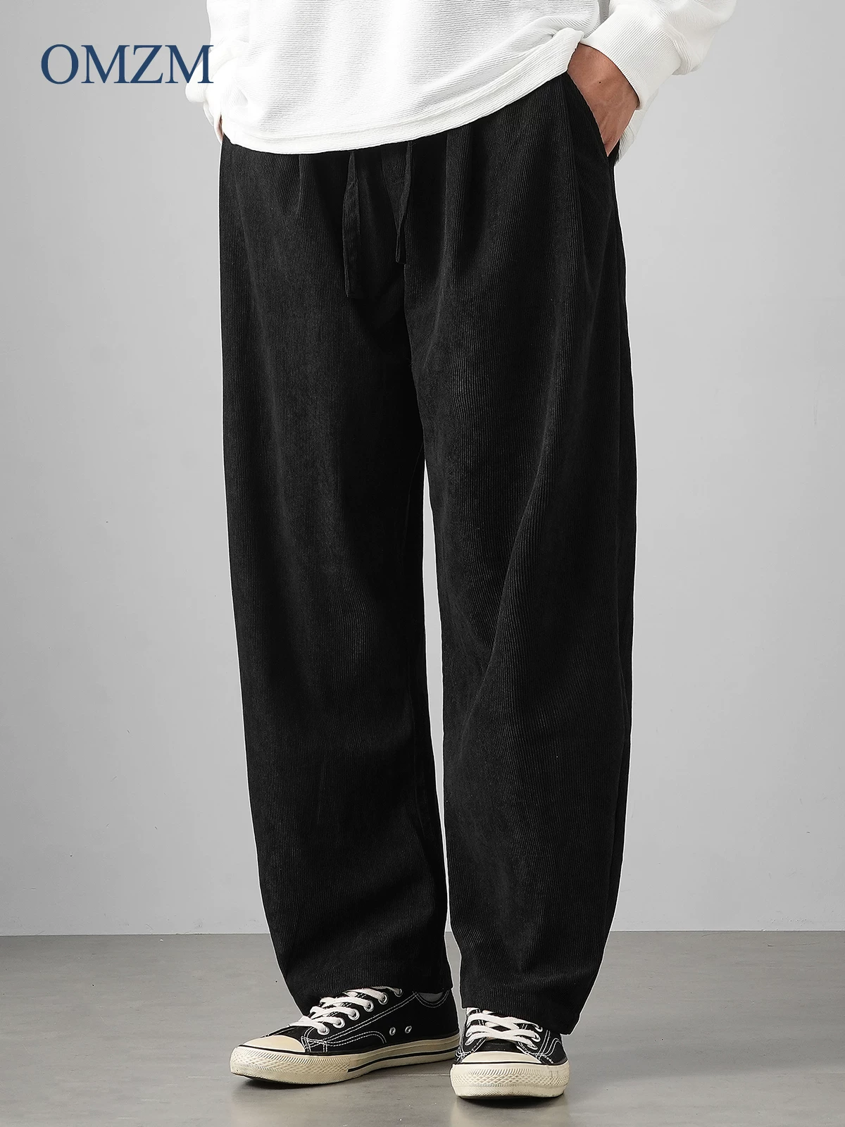 Quần nhung cotton hạng nặng kiểu Âu của OMZM dành cho nam, quần ống đứng ấm áp mùa thu đông, phong cách đường phố cao cấp của Mỹ, quần ống rộng rộng rãi.