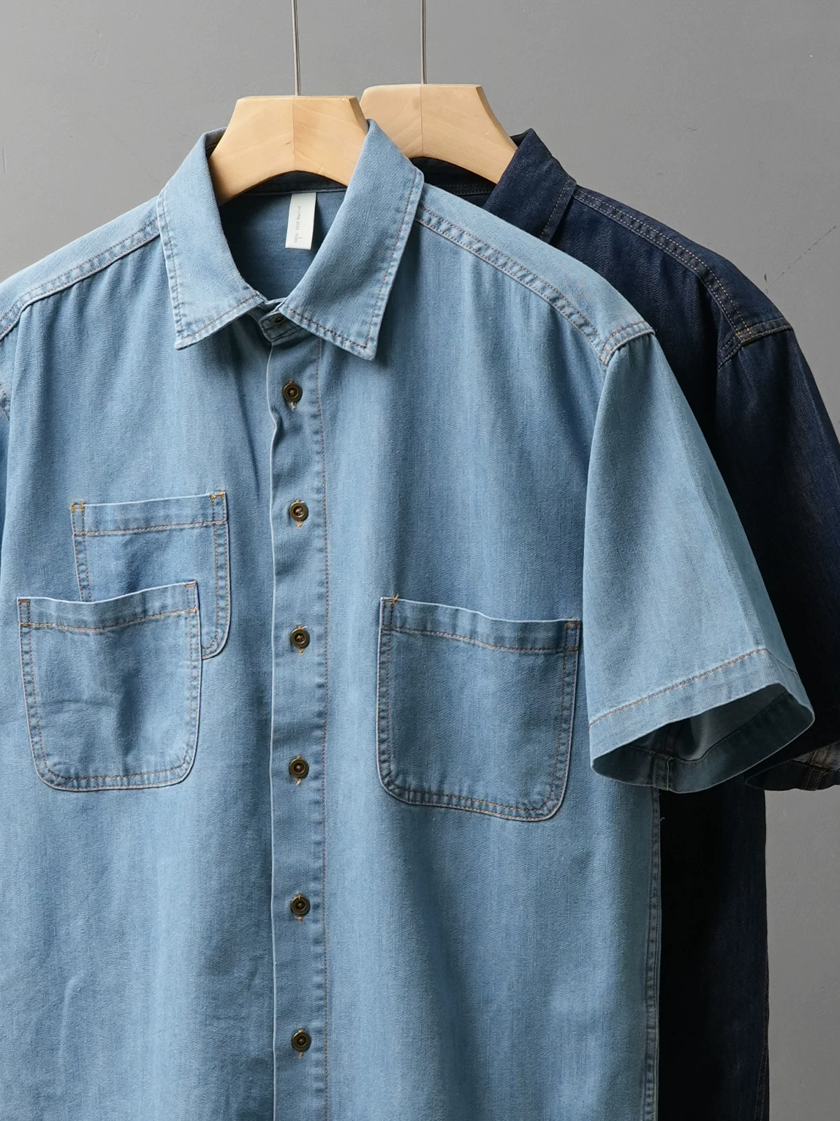 OMZM Áo sơ mi denim phong cách Mỹ dành cho nam giới tay ngắn mùa hè cao cấp cổ điển đã giặt áo sơ mi nhiều túi áo khoác