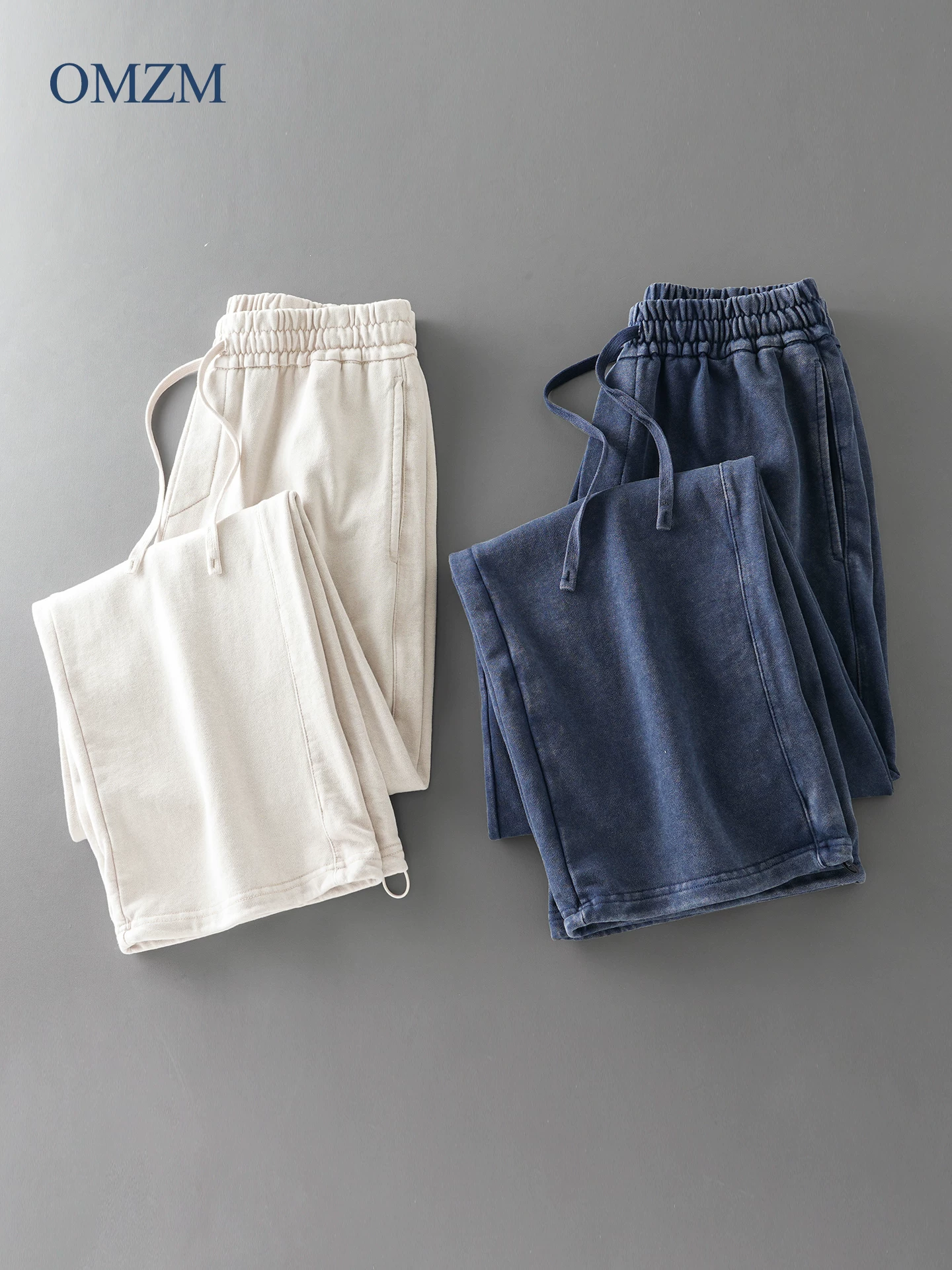 Quần thể thao cotton nguyên chất hạng nặng kiểu Mỹ của OMZM dành cho nam, quần thể thao ống thẳng dáng dài mùa thu, quần ống rộng kiểu retro phong cách đường phố cao cấp