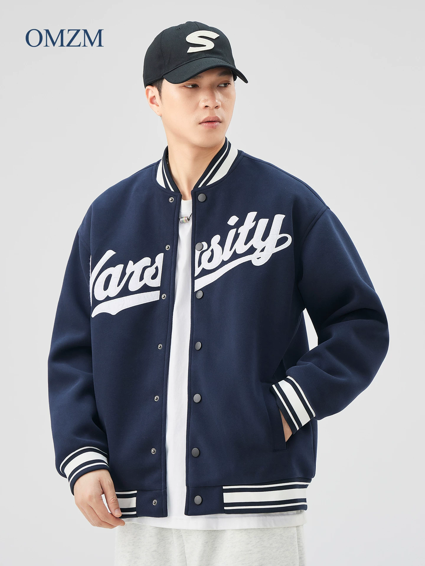 Áo khoác bóng chày hạng nặng OMZM500G dành cho nam, áo khoác ấm thêu cổ điển kiểu Mỹ mùa thu đông, áo khoác bomber phong cách đại học