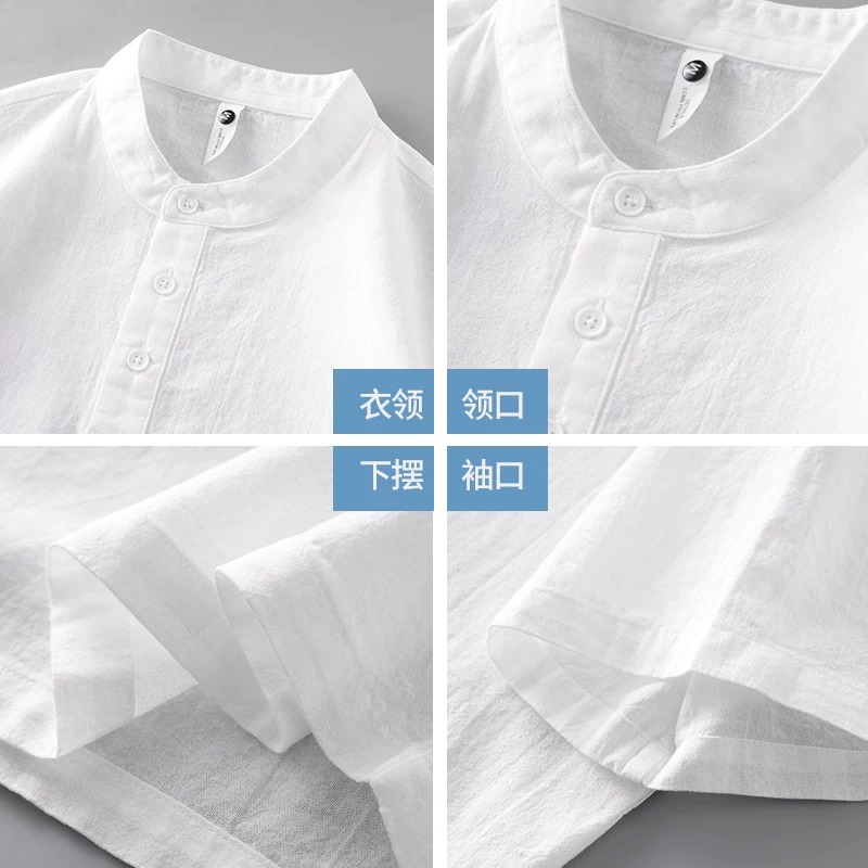 Áo thun cổ Henry bằng cotton nguyên chất kiểu Mỹ của OMZM dành cho nam, tay ngắn, nhẹ, cổ đứng mùa hè, áo thun nửa tay màu trắng kiểu old money.