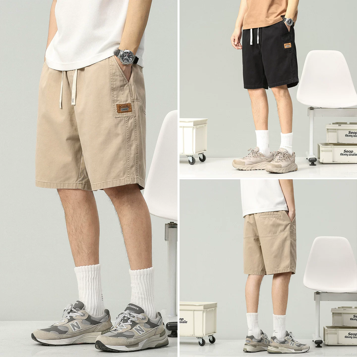 Quần short làm việc bằng cotton nguyên chất kiểu Mỹ của OMZM dành cho nam, quần short thể thao dài vừa phải, dáng rộng, dáng thẳng, kiểu dáng mỏng, mùa hè.