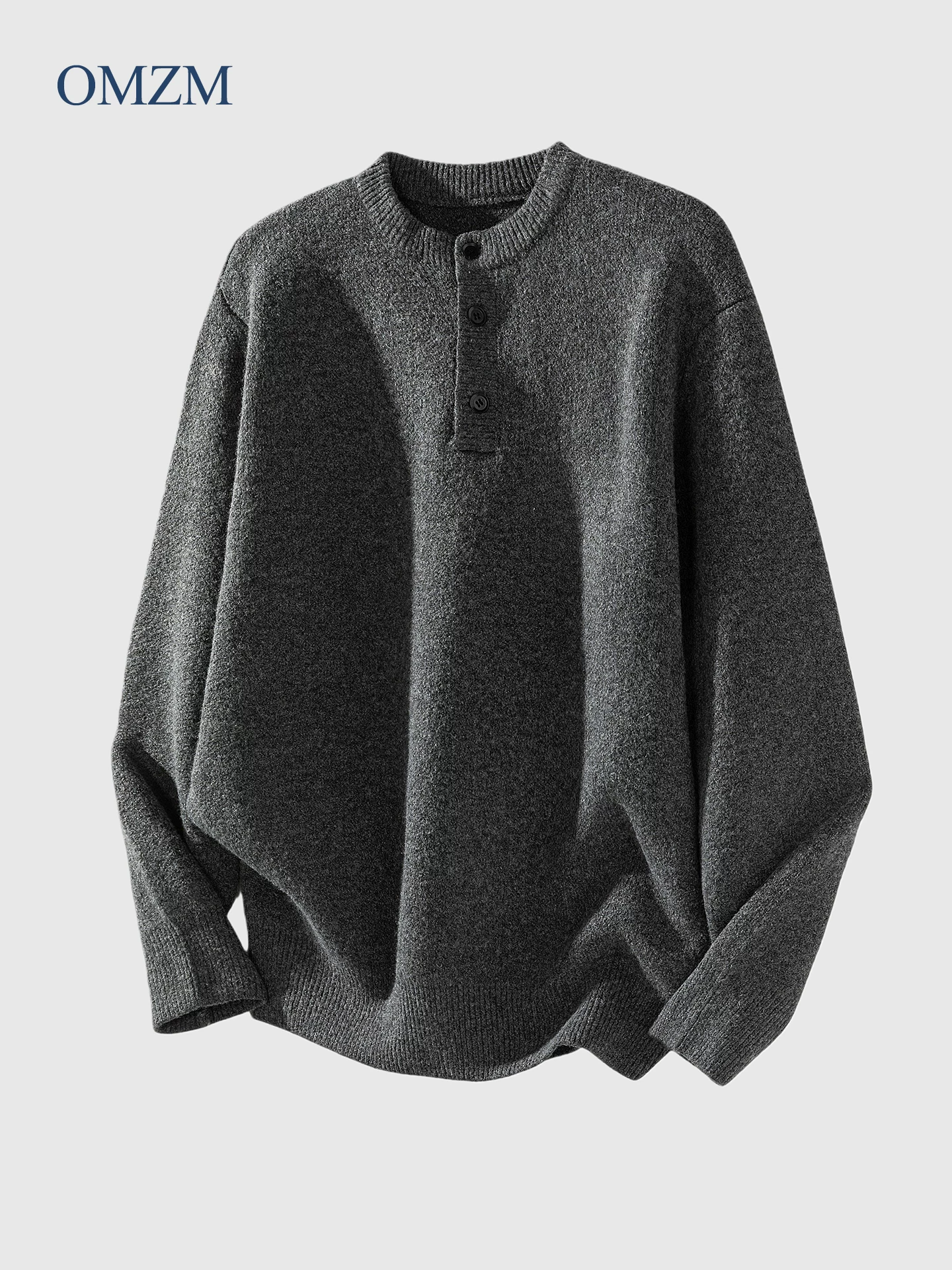 Áo len cổ Henry phong cách tiền cổ điển OMZM dành cho nam, mùa đông kiểu Mỹ cổ điển, dáng rộng, mặc lót bên trong, kiểu dáng oversized