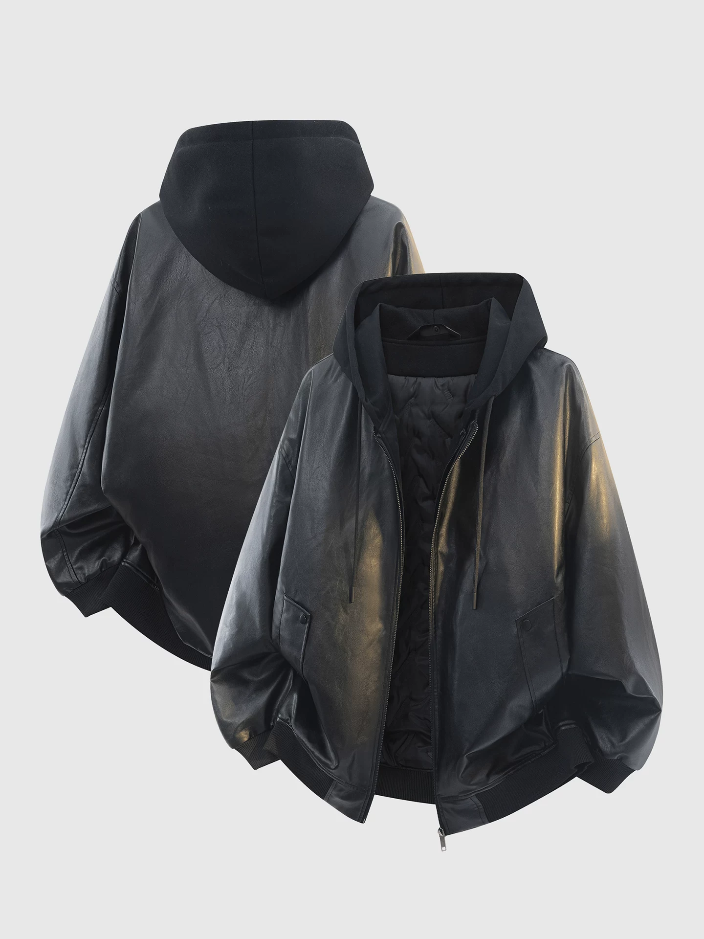 Áo khoác bomber màu đen OMZM áo khoác cotton dành cho nam mùa đông giả hai mảnh có mũ trùm đầu dày dặn ấm áp áo khoác da cao cấp