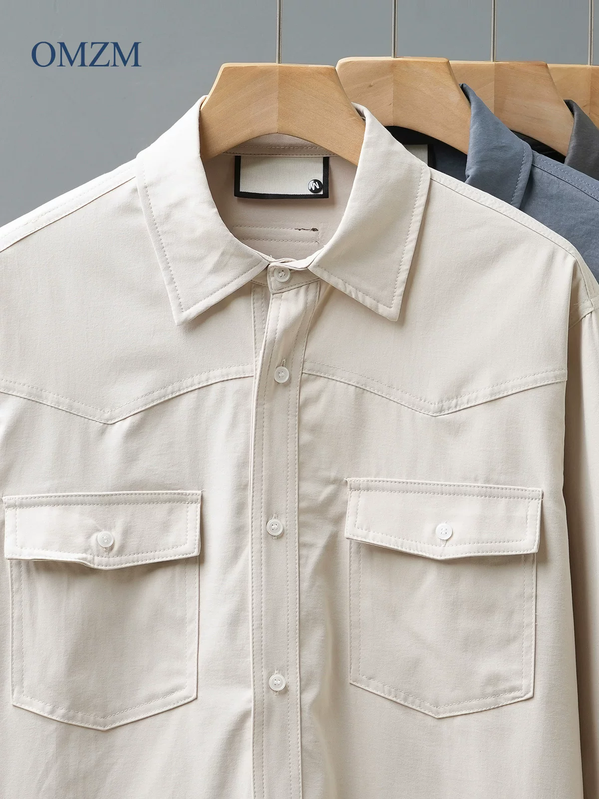 Áo sơ mi dài tay hạng nặng kiểu Mỹ OMZM dành cho nam, áo sơ mi màu trơn có cổ dáng rộng mùa thu 2024, áo khoác bảo hộ lao động cao cấp