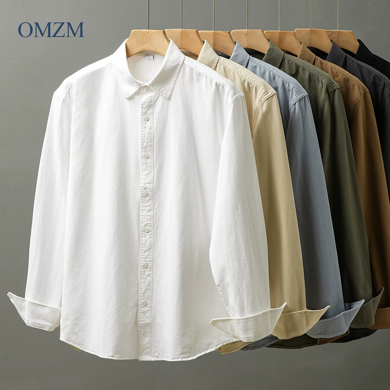 Áo sơ mi cotton nguyên chất hạng nặng OMZM350G dành cho nam, dài tay, mùa thu, áo sơ mi màu trơn cao cấp, áo sơ mi kiểu Mỹ