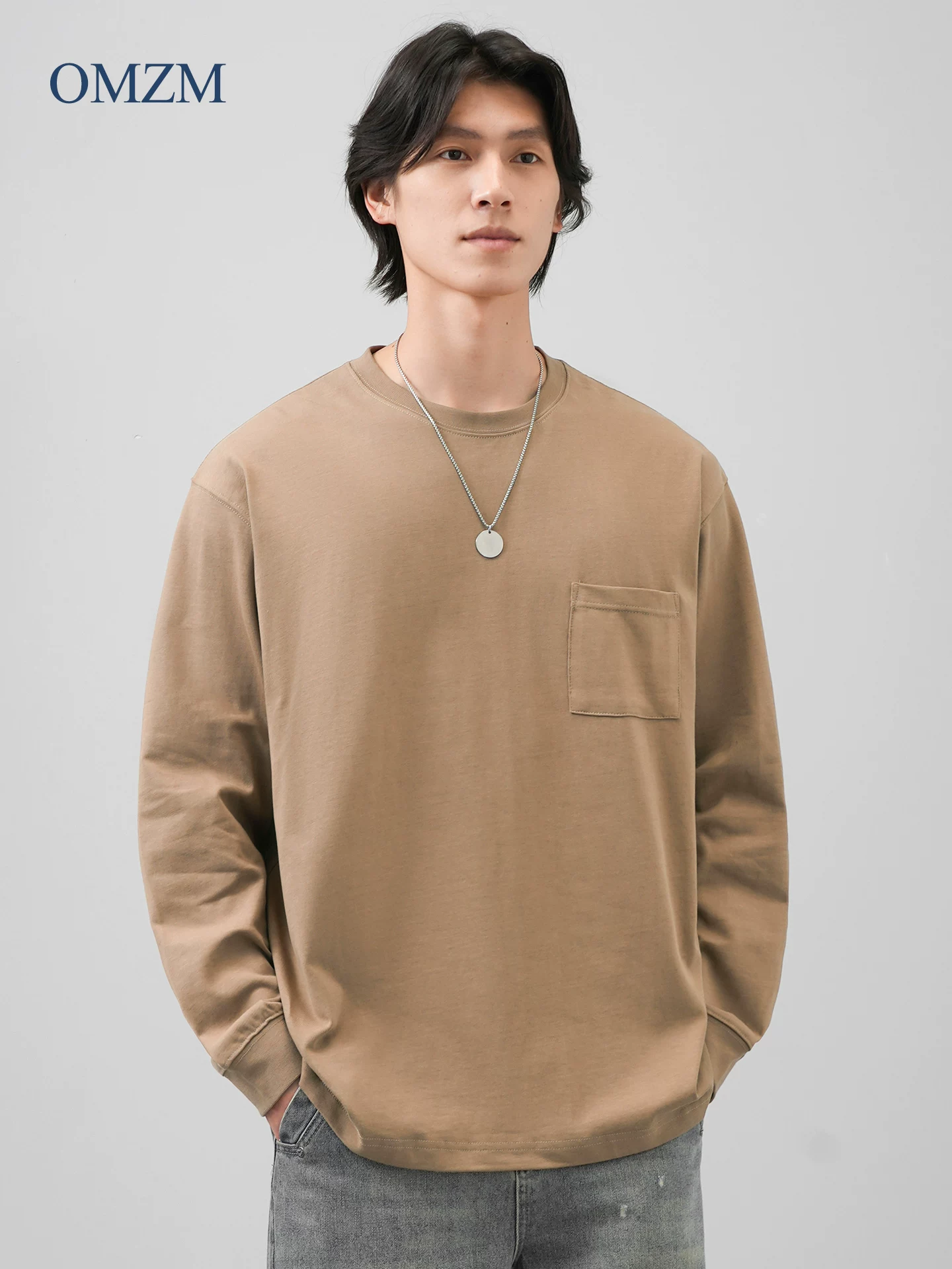 Áo thun dài tay chất liệu cotton nguyên chất hạng nặng 400G dành cho nam, áo len cổ tròn dáng rộng phong cách Mỹ mùa thu, áo lót màu trắng.