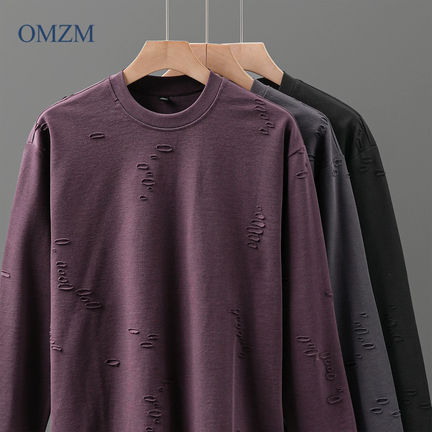 Áo thun hạng nặng 260G phong cách Mỹ OMZM dành cho nam, dài tay, thu đông, rách, dáng rộng, lớp trong, áo thun cổ tròn