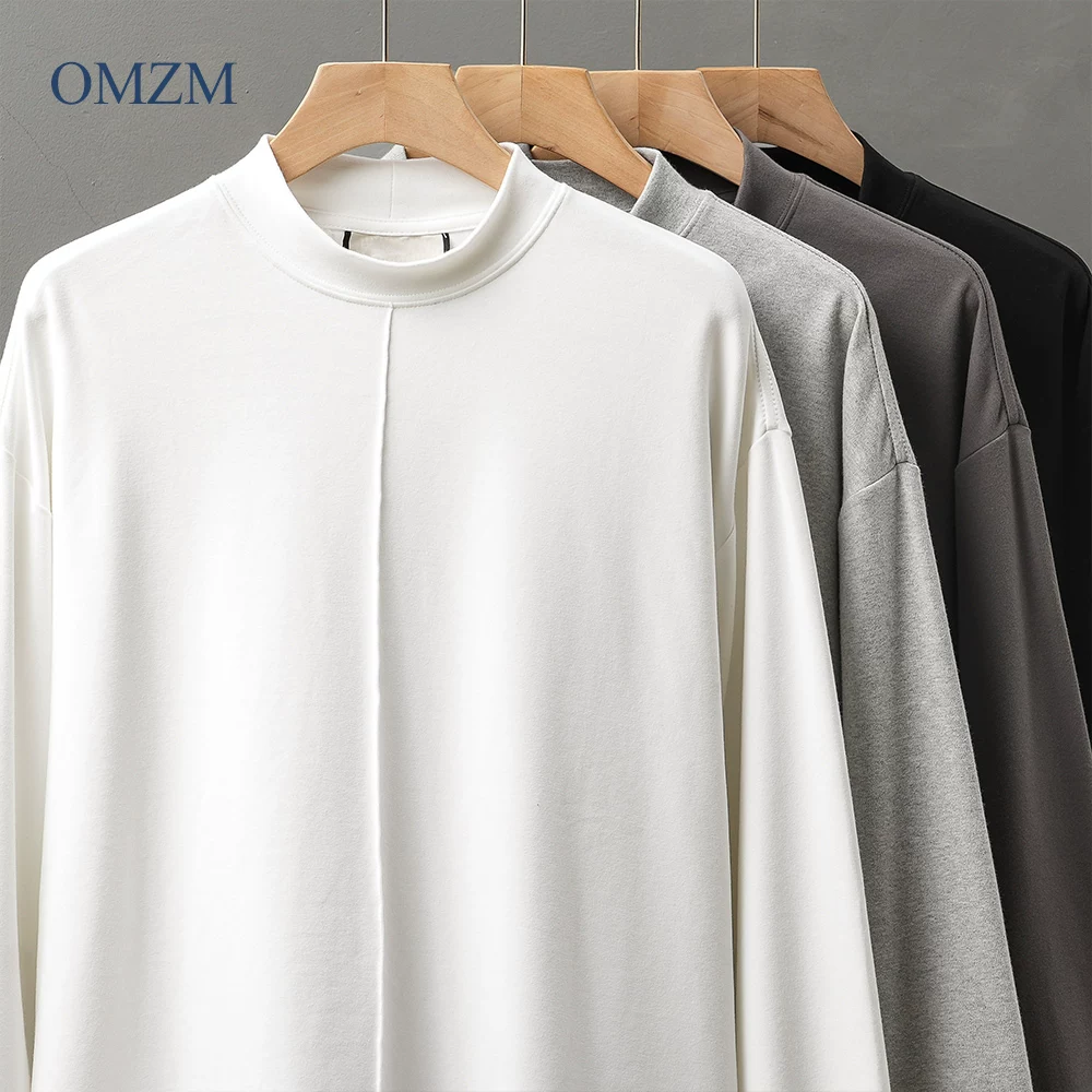 Áo thun dài tay lót lông cừu hạng nặng OMZM300G dành cho nam, áo sơ mi cổ cao nửa cổ mùa thu đông, áo chui đầu cổ tròn dày dặn.