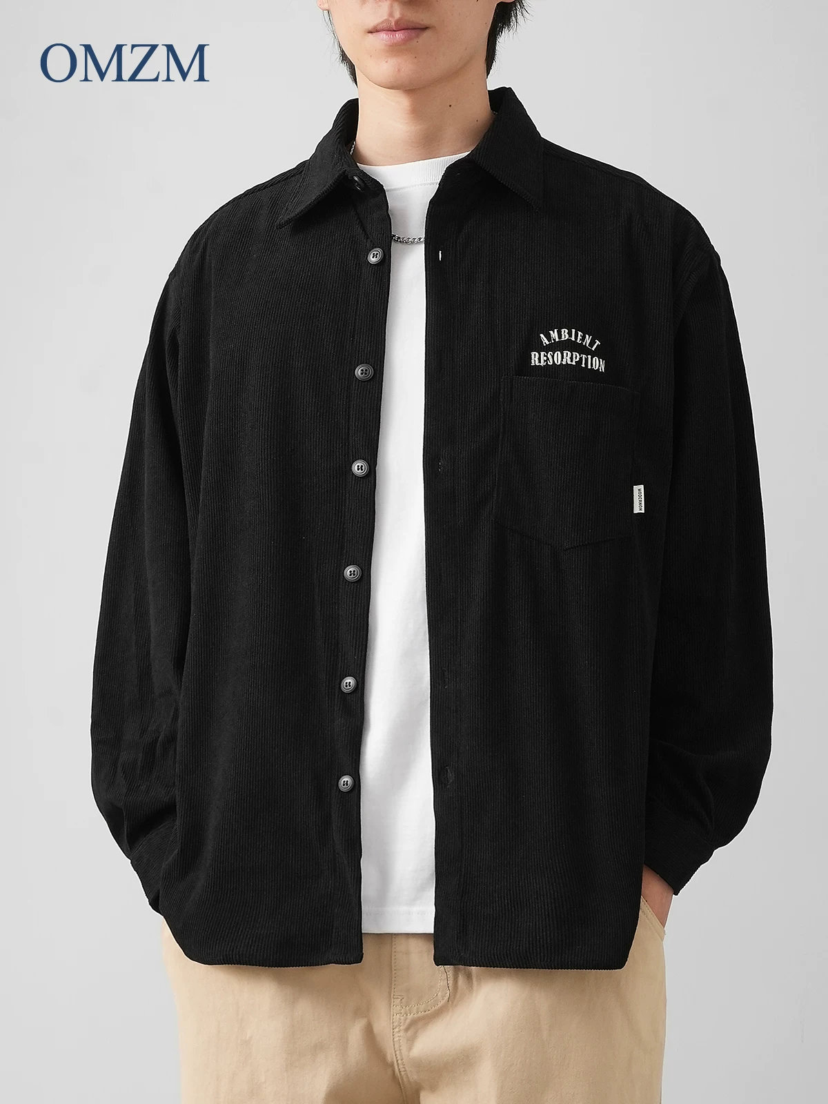 OMZM Áo sơ mi vải nhung dày kiểu Mỹ áo khoác dài tay mùa thu áo sơ mi thêu chữ cao cấp áo khoác công sở