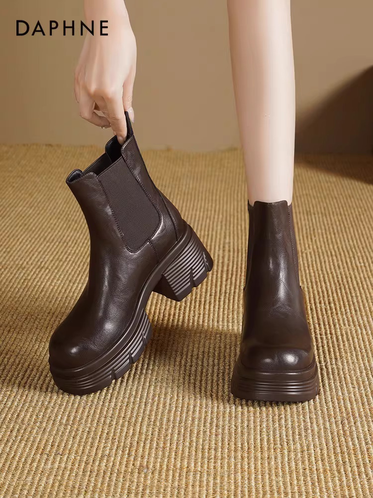 Giày Chelsea Daphne nữ kiểu mới 2025, giày cổ cao mùa thu, giày Martin gót dày, giày bốt ngắn đế dày nữ