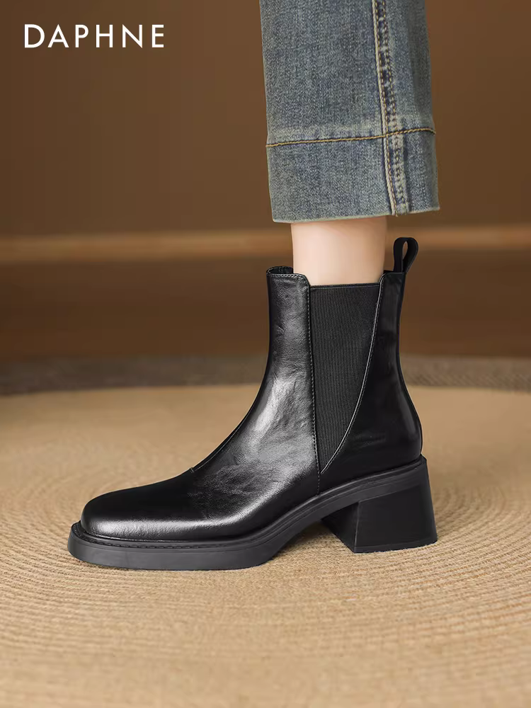 Giày bốt cổ ngắn đế xuồng mũi vuông Daphne Martin 2025 mới dành cho nữ, mùa thu đông, chất liệu da