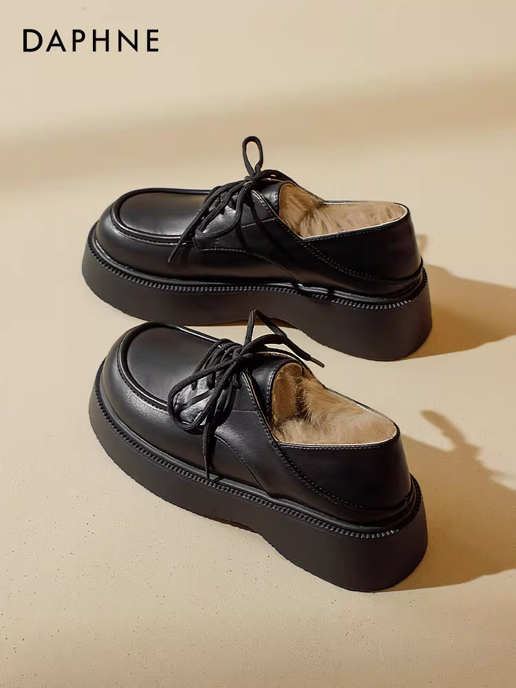 Giày lười lót lông Daphne dành cho nữ, mẫu mới thu đông 2025, kiểu Anh, giày da nhỏ, ấm áp, lông mềm, đi làm.