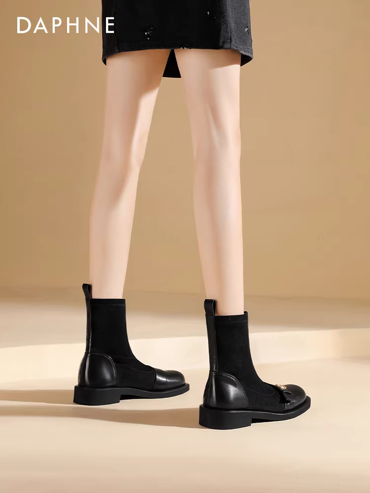 Giày bốt ngắn Daphne dành cho nữ 2025, giày bốt mùa đông mới dành cho nữ, giày bốt Martin, giày bốt đế bằng, giày bốt ôm sát, giày bốt kiểu tất thun, giày bốt da dành cho nữ
