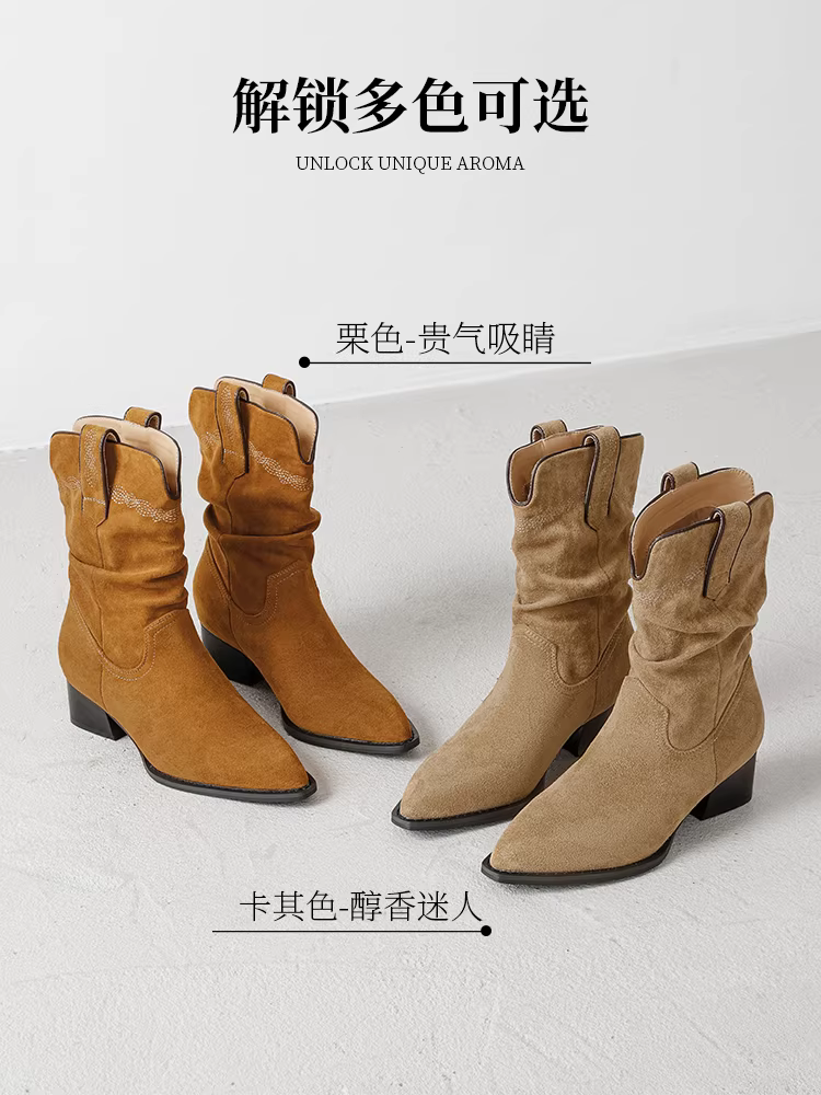 Giày bốt nữ Daphne màu kaki, kiểu dáng xuông, mùa thu 2025, mũi nhọn, cao đến giữa bắp chân, gót dày, kiểu cổ điển, màu Melard.