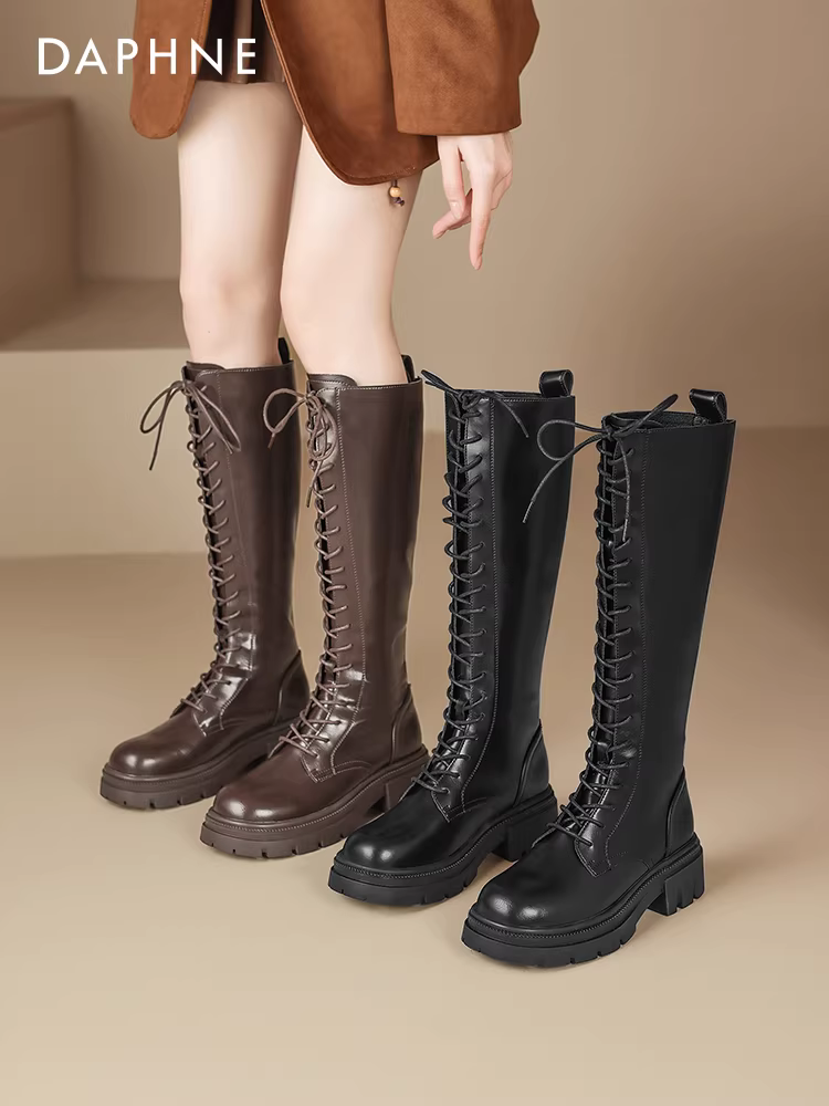 Giày bốt cao cổ Daphne màu nâu, kiểu Anh, đế dày, mẫu mới 2025, giày bốt Martin nữ, giày bốt cưỡi ngựa cao cổ