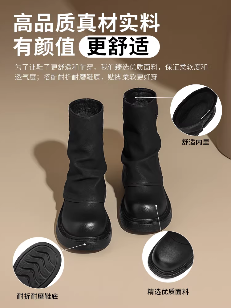 Giày bốt ngắn màu đen Daphne dành cho nữ, giày bốt đế dày lót lông cừu mùa đông, kiểu dáng mới 2025, kiểu dáng ống quần xếp tầng, kiểu Anh, kiểu Martin.