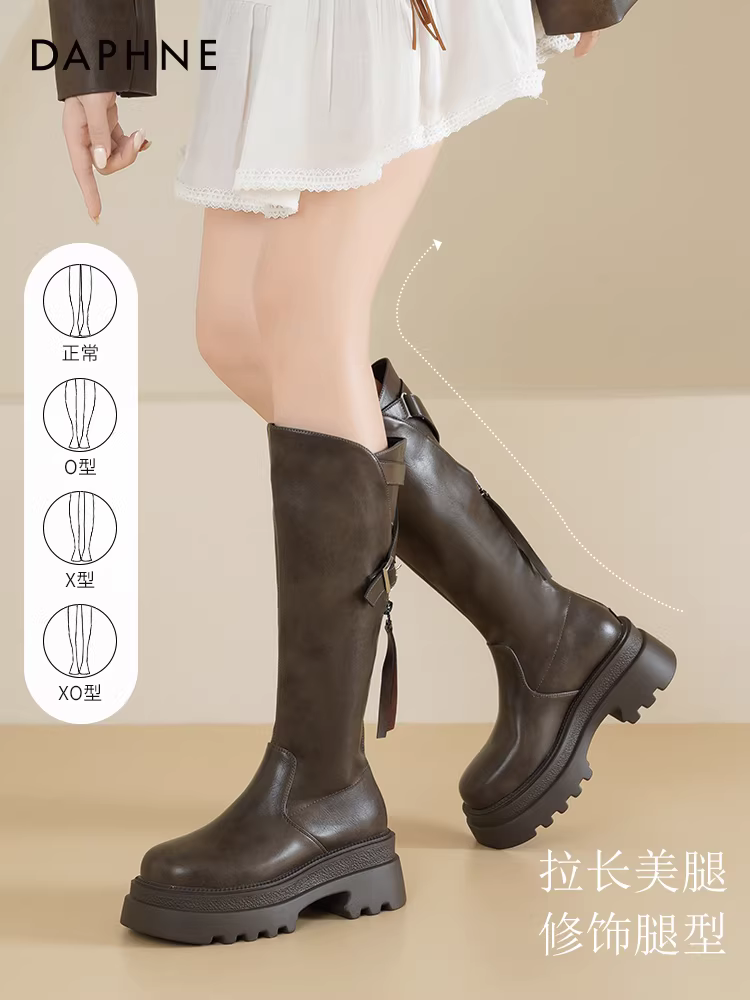 Giày bốt cao cổ đen Daphne dành cho nữ 2025, kiểu mới, giày bốt cưỡi ngựa cao cổ mùa thu đông, lót lông, đế dày, giày bốt dài dành cho nữ