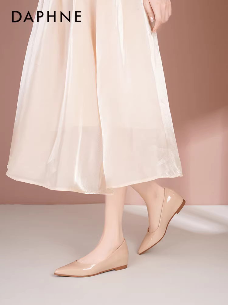 Giày nữ Daphne 2025 kiểu thu mới, giày nữ tăng chiều cao, kiểu dáng thanh lịch, đi làm, mũi nhọn kiểu Pháp, màu nude, gót cao