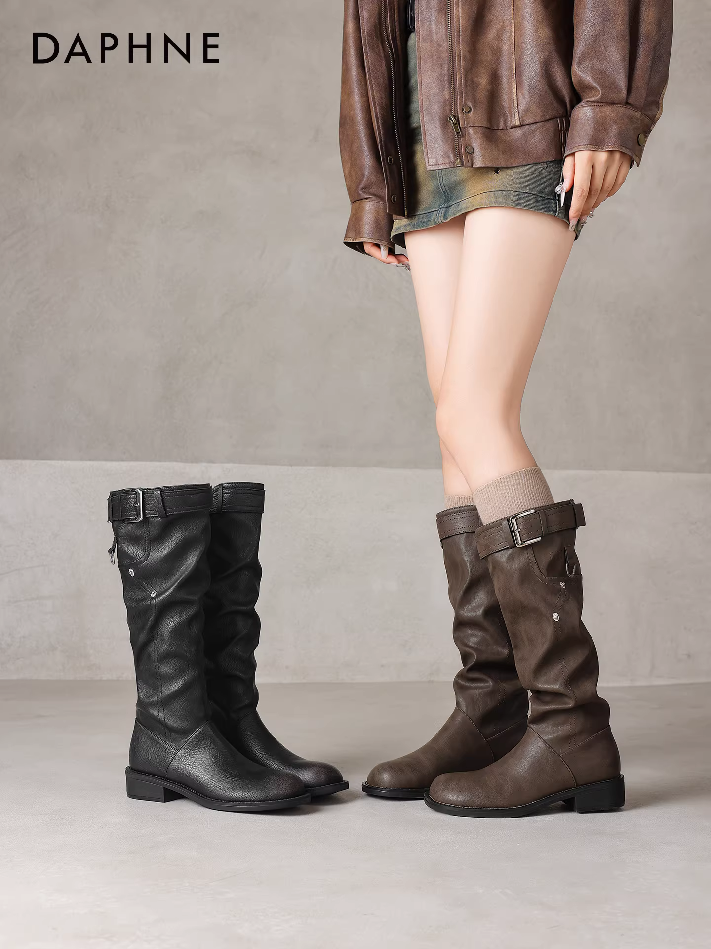 Giày bốt dài Daphne màu nâu dành cho nữ 2025 mới mùa thu đông lót lông cừu giày bốt dài màu đen giày bốt cưỡi ngựa giày bốt dài