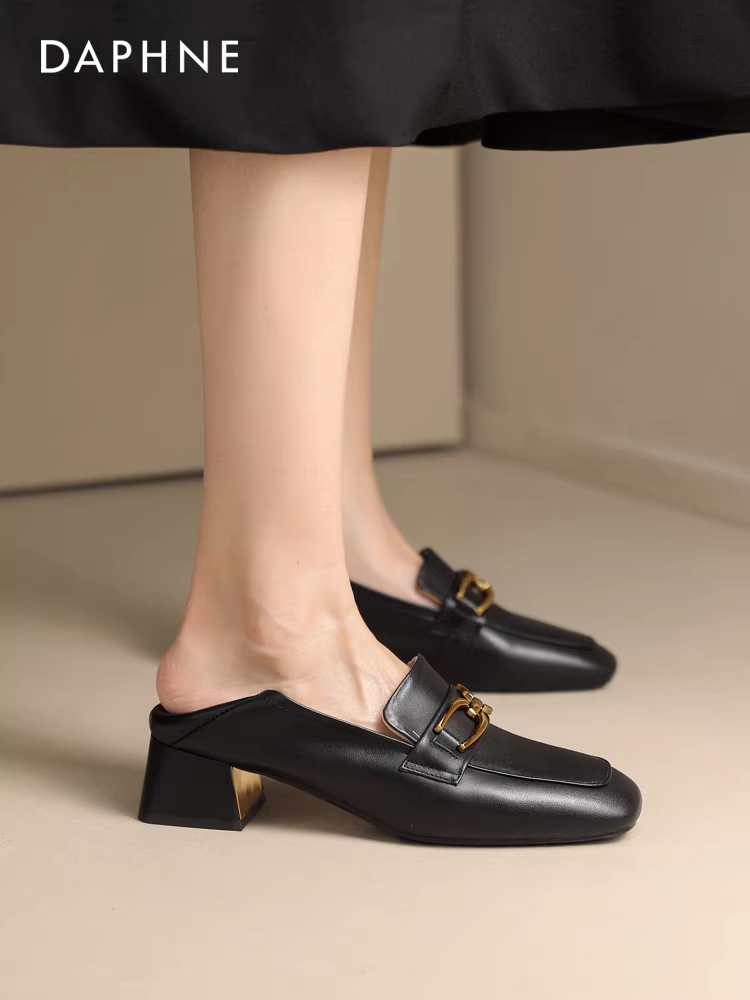 Giày Loafer Daphne nữ 2025 kiểu mới mùa thu, mũi vuông, gót dày, giày da nhỏ, kiểu lười, gót trung bình, giày đơn