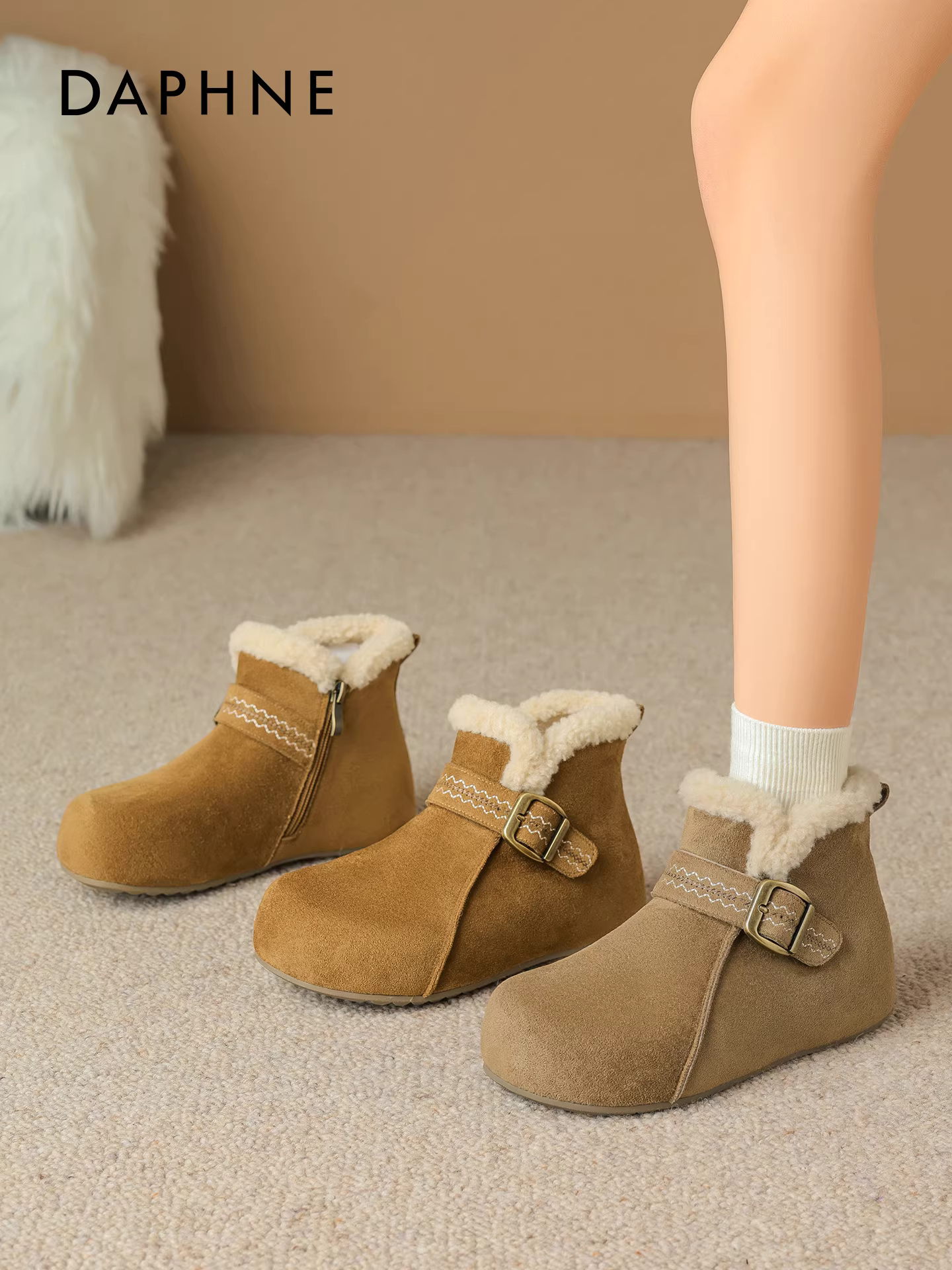 Giày Daphne Birkenstock nữ mùa đông 2025 mới, đế dày, lót lông cừu, kiểu bốt tuyết, kiểu lười, giày cotton