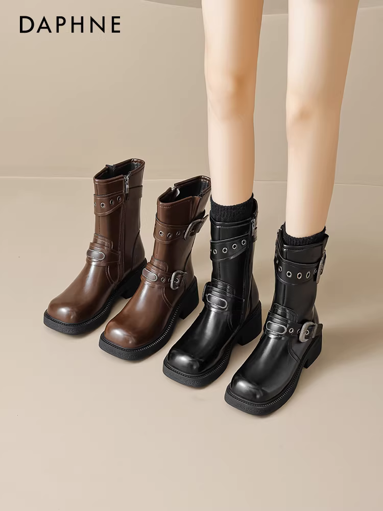 Giày bốt ngắn Daphne Maillard dành cho nữ, phong cách du lịch Tân Cương, mùa hè, cổ điển, cao đến giữa bắp chân, màu nâu, kiểu cao bồi miền Tây