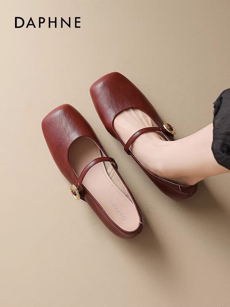 Giày Mary Jane đỏ Daphne dành cho nữ 2025, da thật, kiểu cổ điển, mũi vuông, giày ballet, giày cưới, phối cùng váy, giày đơn nhỏ.