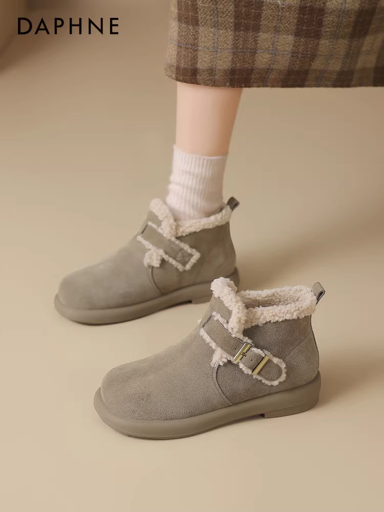 Giày bốt tuyết màu xám Daphne dành cho nữ mùa đông 2025, giày nữ mới đế dày kiểu Birkenstock, giày lót lông mùa thu đông, giày cotton cổ ngắn