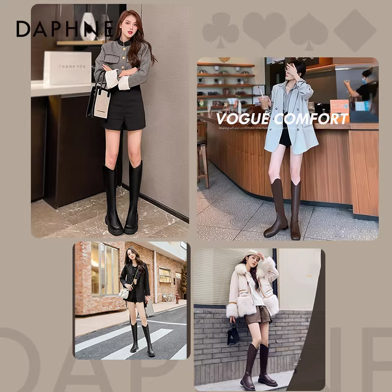 Giày bốt nữ Daphne cao cổ mùa đông lót lông cừu, đế dày, kiểu dáng ôm sát, dành cho chu vi bắp chân lớn, năm 2025