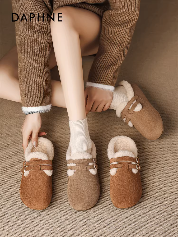 Giày Birkenstock lót lông cừu Daphne dành cho nữ mùa đông 2025, kiểu mới đế dày, mũi kín, kiểu nửa dép, dễ mang, ủng bông giữ ấm
