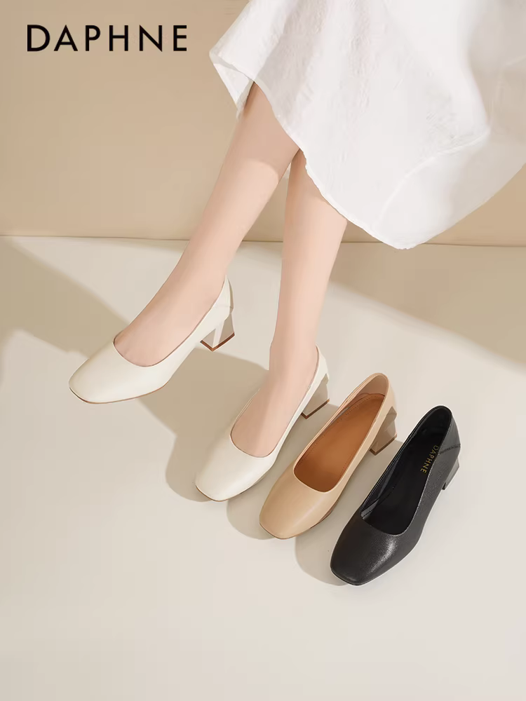 Giày bệt nữ Daphne 2025 mẫu mới mùa thu, giày da miệng nông, giày đi làm, giày công sở nữ, giày cao gót đen