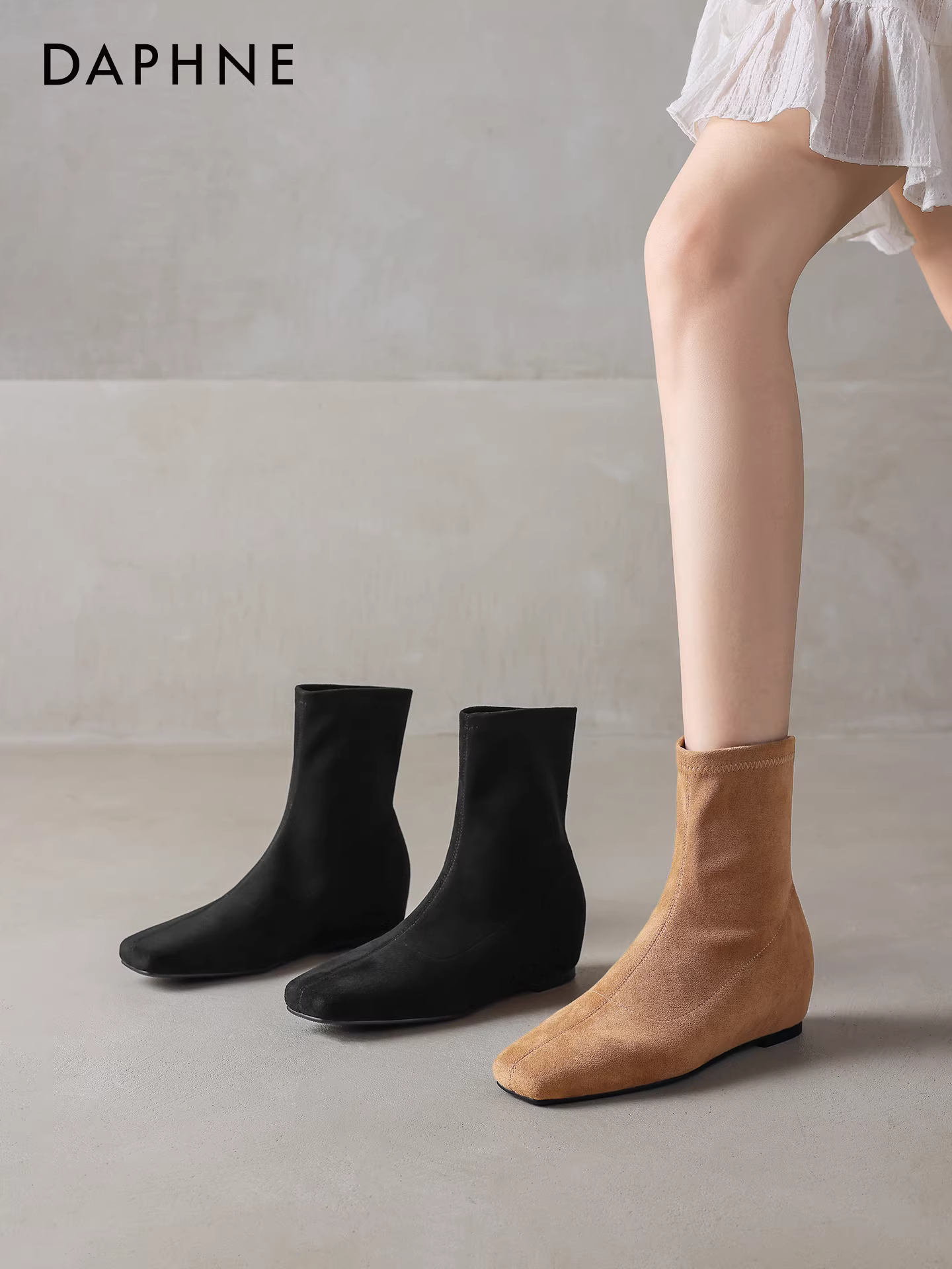 Giày bốt ngắn Daphne dành cho nữ 2025, mẫu mới mùa đông, giày bốt Melard nữ, giày bốt đế bằng mũi vuông, giày bốt kiểu tất mùa thu đông, giày bốt ôm dáng.
