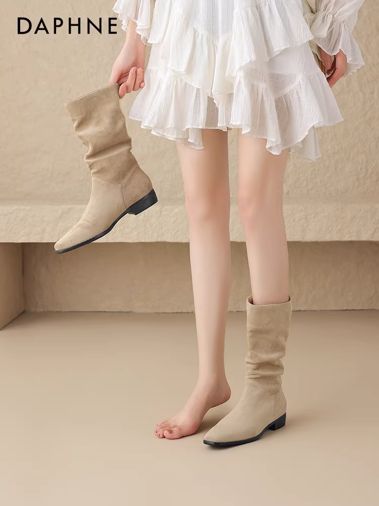 Giày bốt Daphne dáng xuông dành cho nữ, mẫu mới xuân thu 2025, kiểu dáng ôm sát, bốt cao đến giữa bắp chân, bốt cao bồi ngắn kiểu Melard dành cho nữ.