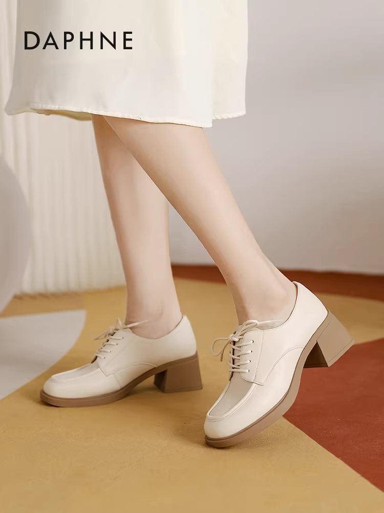 Giày da nhỏ kiểu Anh Daphne dành cho nữ 2025, giày đơn giản thanh lịch mới, giày nữ buộc dây đế dày gót thô kiểu lười