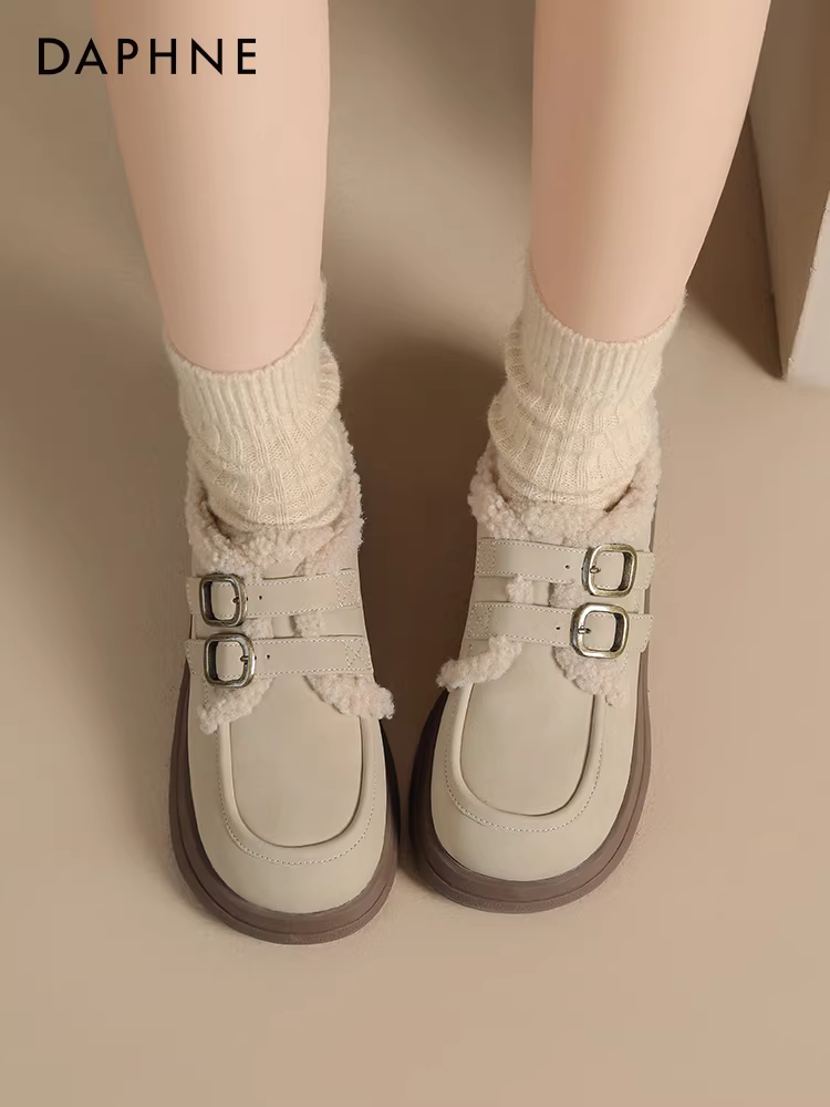 Giày bốt đi tuyết lót lông cừu Daphne dành cho nữ, giày cotton mới mùa đông 2025, giày lười đế dày kiểu Birkenstock mùa thu đông.