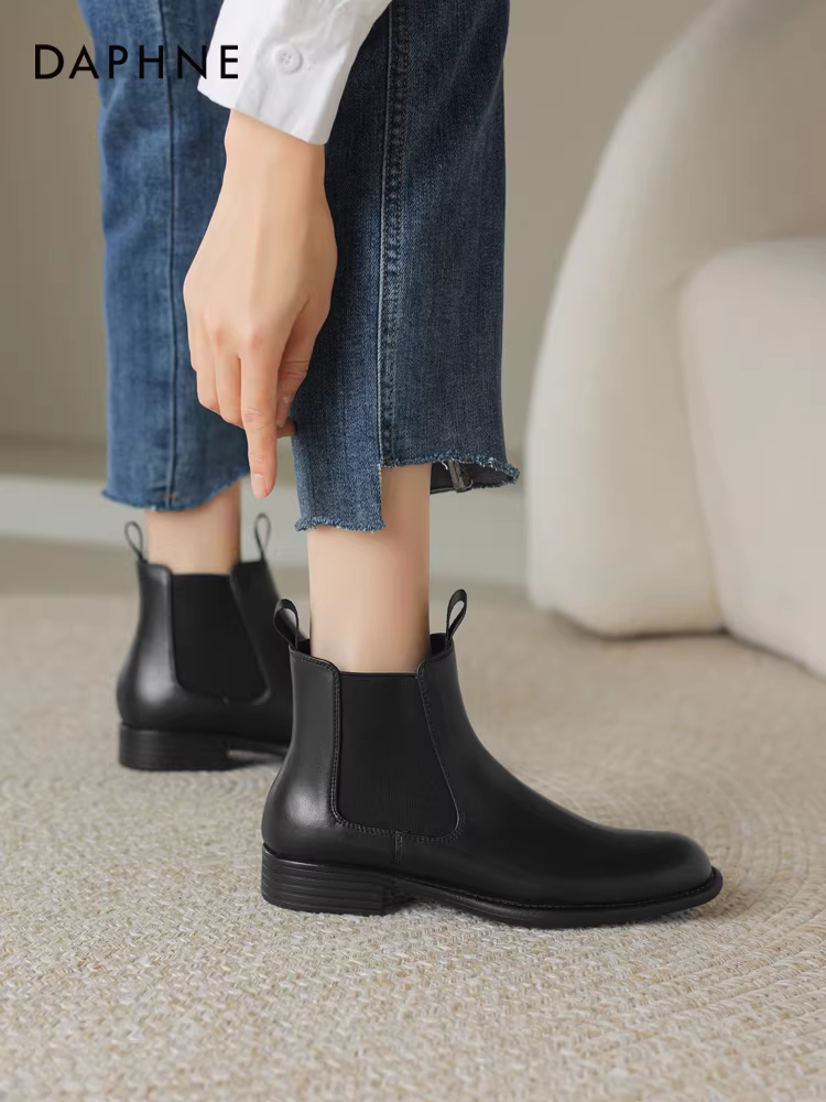 Giày bốt ngắn Daphne dành cho nữ kiểu mới 2025, lót lông cừu, da thật, mùa đông, giày bệt, kiểu Chelsea, kiểu Martin