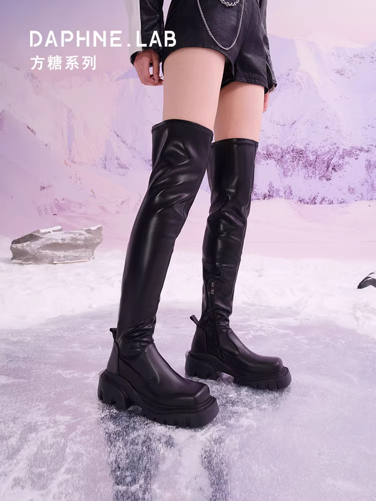 DAPHNELAB Giày bốt cao quá đầu gối Daphne Sugar Cube dành cho nữ Da thật 2025 Giày bốt dài đế dày mới dành cho nữ Tăng chiều cao và giảm béo