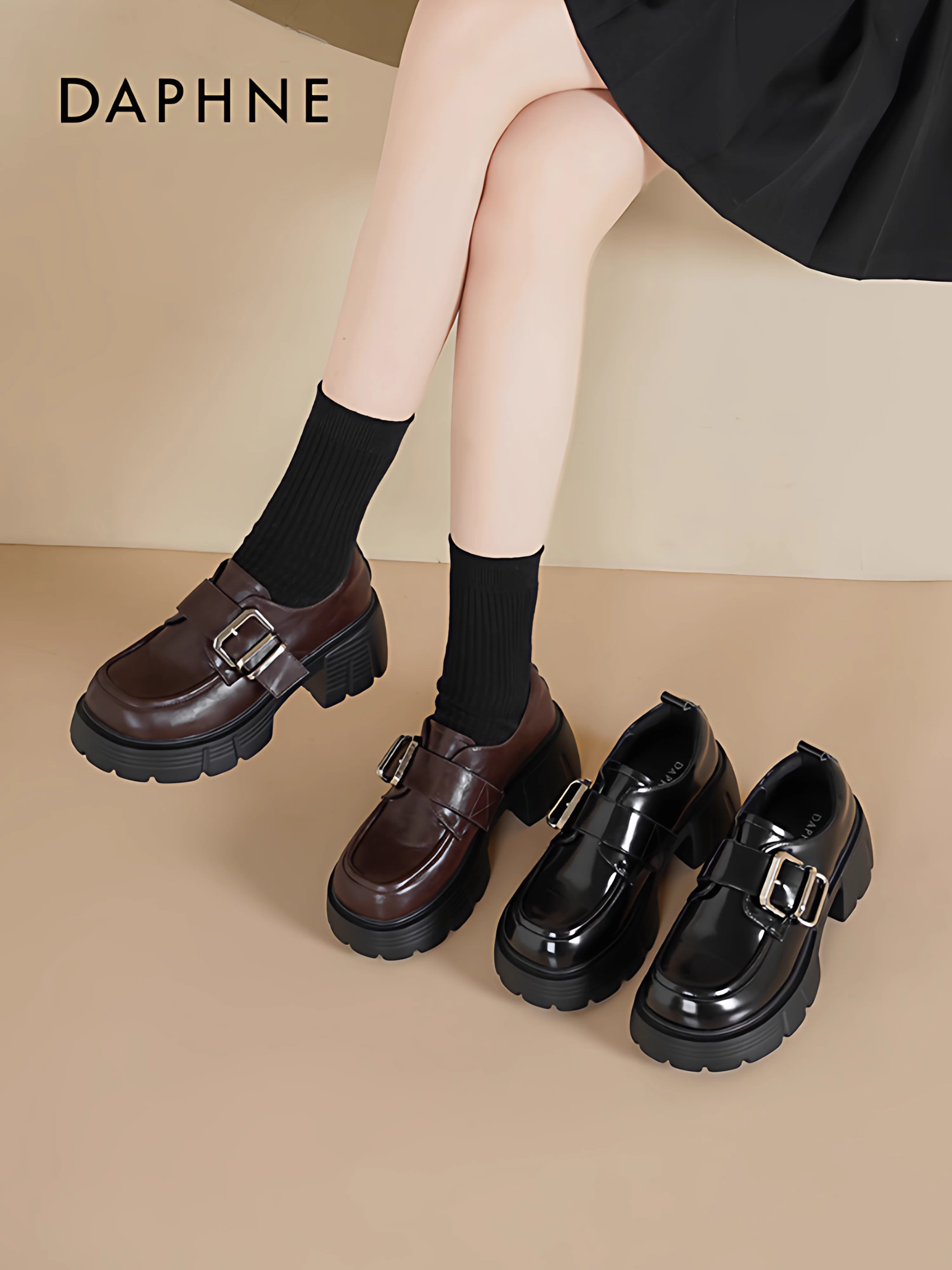 Giày lười đế dày Daphne dành cho nữ 2025, mẫu mới mùa đông, đa năng, giày đơn giản phong cách Anh, giày da đen nữ