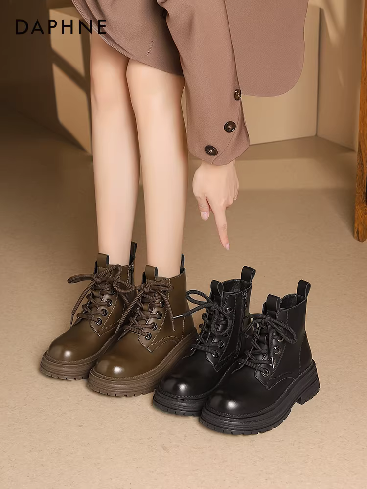 Giày bốt Martin đế dày Daphne dành cho nữ 2025, kiểu dáng phổ biến mùa thu đông, bốt Melard cổ ngắn ôm sát, bốt cổ ngắn retro.