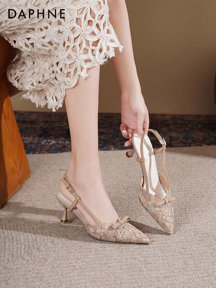 Giày cao gót ren Daphne 2025, giày cưới mùa hè mới phong cách Pháp, giày đơn, mũi nhọn, sandal cao gót dành cho nữ