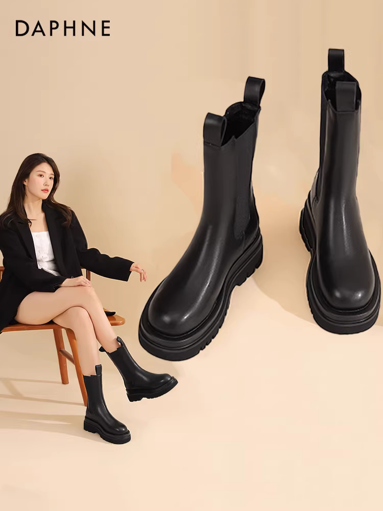Giày Chelsea cổ ngắn Daphne dành cho nữ mùa thu đông 2025, kiểu Anh, kiểu dáng ống khói, kiểu lười, kiểu Martin, giày ngắn cho nữ