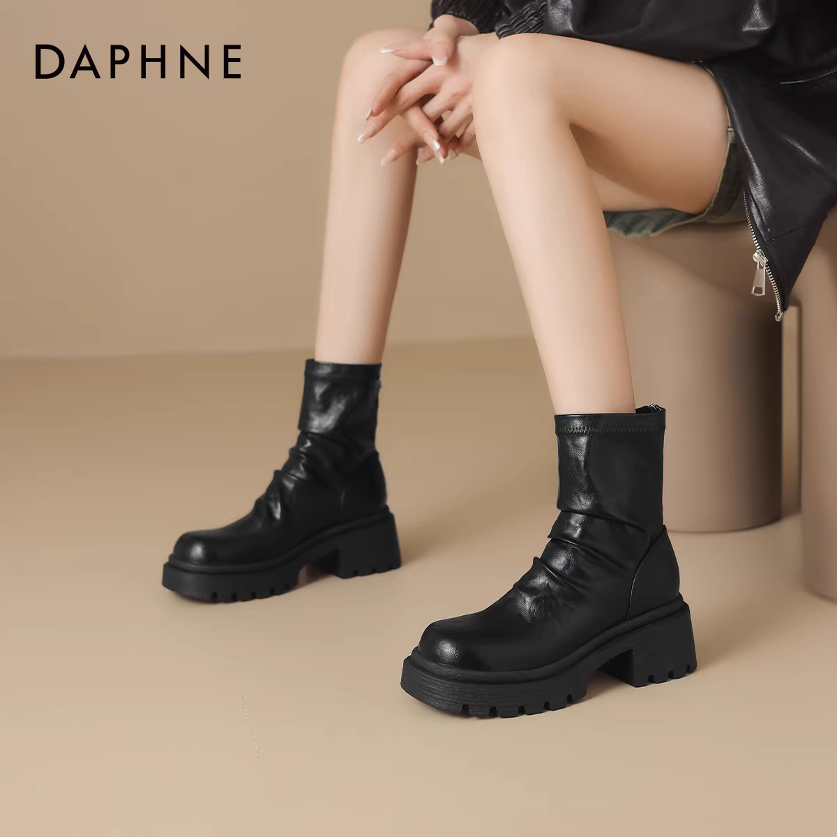 Giày bốt Daphne dành cho nữ 2025, mẫu mới phổ biến, bốt ngắn nữ mùa xuân thu, bốt da cao đến giữa bắp chân, bốt Martin nữ mùa xuân