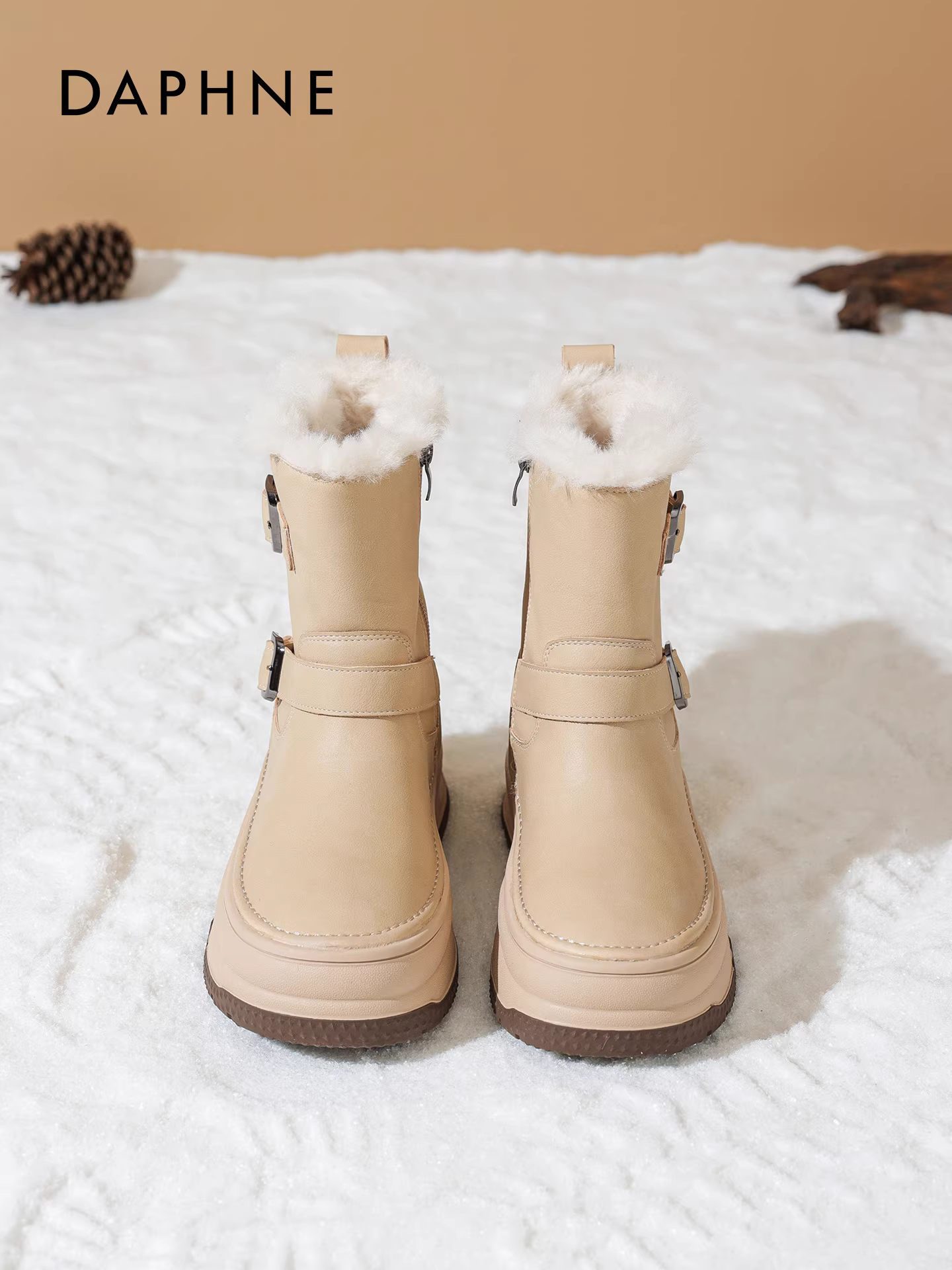 Giày bốt tuyết chống thấm Daphne dành cho nữ, kiểu mới mùa đông 2025, lót lông cừu giữ ấm, giày cotton chống trơn, đế dày, kiểu ngắn