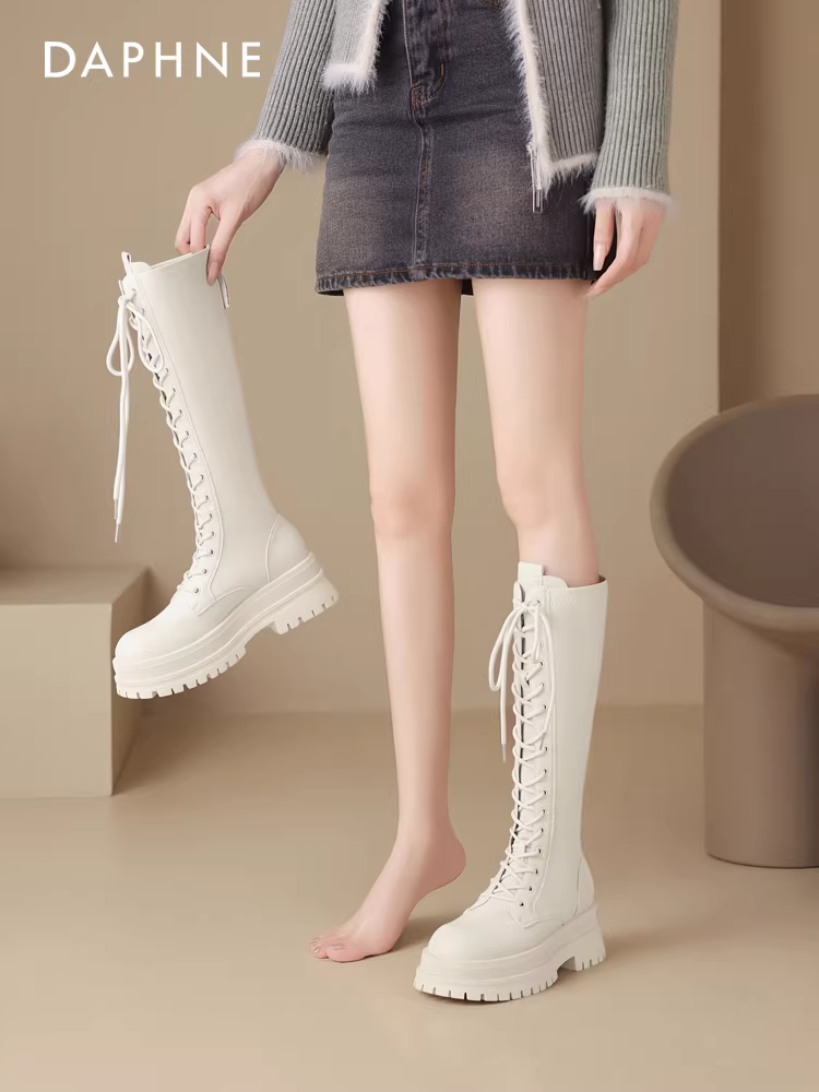 Giày bốt trắng Daphne dành cho nữ, bốt cao cổ đế dày mùa đông, bốt Martin buộc dây mới năm 2025, bốt cao cổ đi xe.