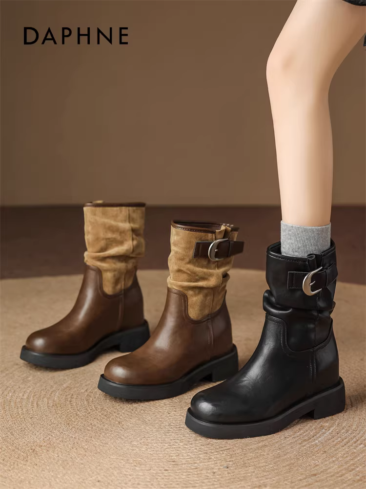 Giày bốt nữ Daphne kiểu dáng xuông năm 2025, mẫu mới thu đông, đế dày, phong cách retro, kiểu Melard, bốt ngắn, bốt cưỡi ngựa nữ kiểu Tây