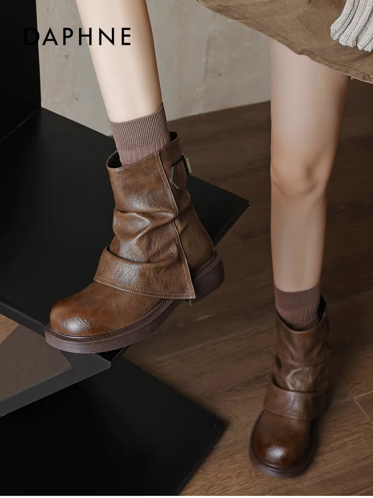 Giày bốt ngắn nữ Daphne Maillard mùa đông 2025 kiểu cổ điển retro, kiểu cao bồi miền Tây, có lót lông cừu, đế dày, kiểu đi cưỡi ngựa