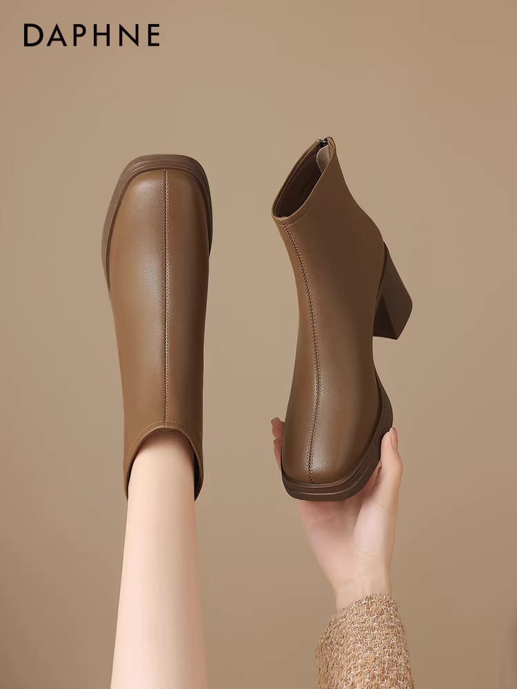 Giày bốt ngắn lót lông Daphne dành cho nữ, mẫu mới thu đông 2025, giày cao gót mũi vuông, kiểu Martin, giày mùa đông đế thô, giày mẹ
