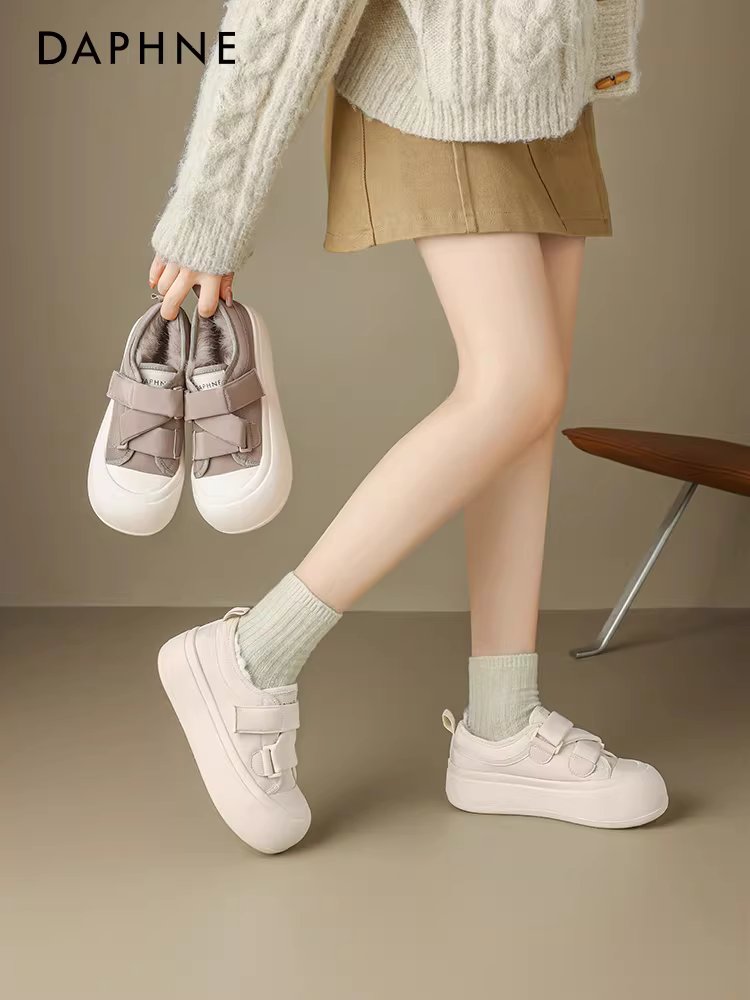 Giày bông lót lông cừu Daphne dành cho nữ mùa đông 2025, giày thể thao giữ ấm, giày tuyết trắng, đế dày, tăng chiều cao