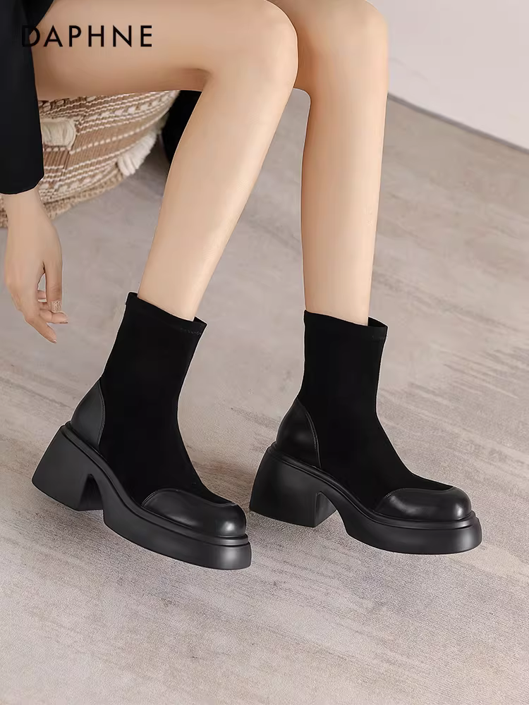 Giày bốt Daphne Martin dành cho nữ 2025 mới đầu thu giày bốt cao gót ngắn dành cho nữ giày bốt thon gọn co giãn giày bốt đế dày giày bốt nữ
